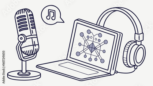 Illustration of a microphone laptop with network diagram and headphones for audio recording setup