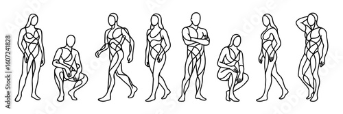 Fotografie Set of stylized human figure sketches in various standing, sitting, and walking poses