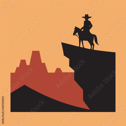 Cowboy And Horse On Desert Cliff