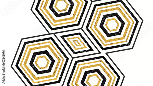 Abstract geometric pattern with hexagons and a diamond shape in black gold and white tones