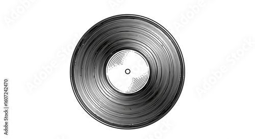 Monochrome vinyl record illustration with engraved texture for vintage music themes and artistic designs