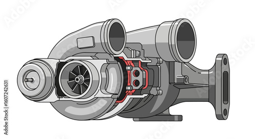 Detailed Illustration of a Turbocharger System Showing Internal Components for Automotive Engineering Diagrams and Technical Documentation