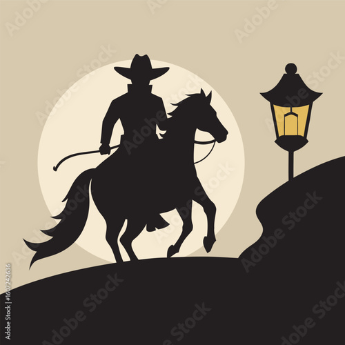 Cowboy Holding Lantern While Riding Horse In Desert