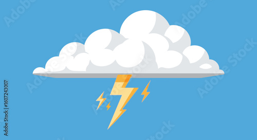 Stylized thunderstorm illustration with a fluffy cloud and bright yellow lightning bolts in a simple graphic style