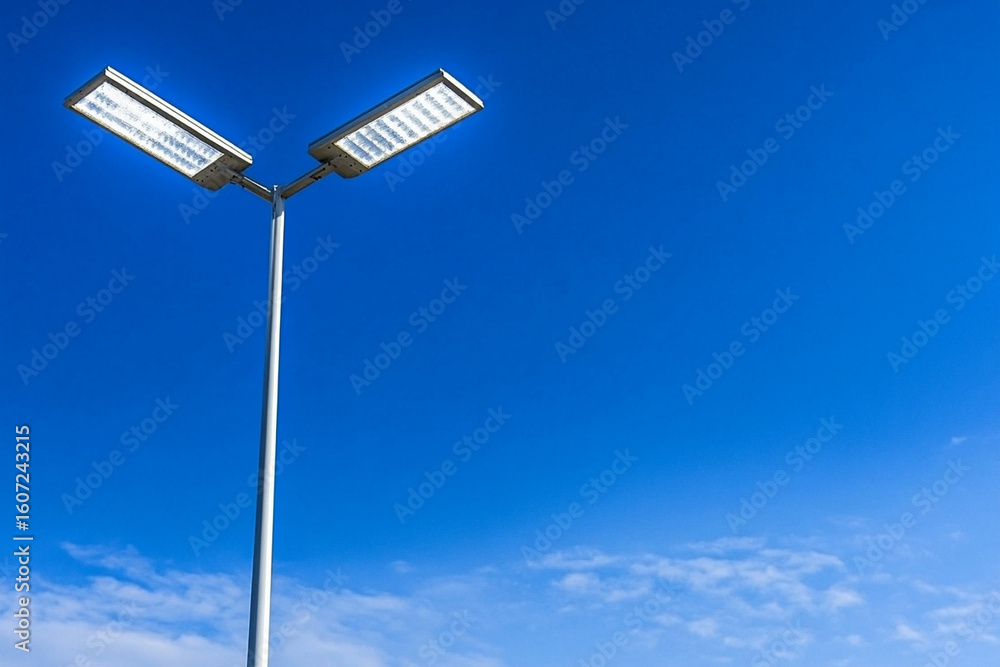 Solar-powered streetlight shines under clear blue sky Solar-powered streetlight shines under clear blue sky