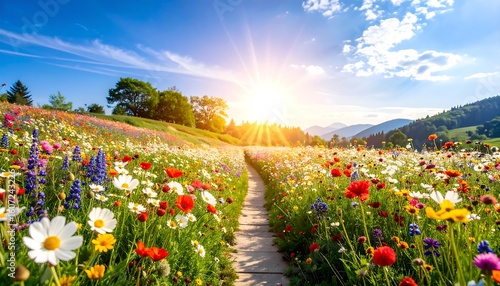Fototapeta Naklejka Na Ścianę i Meble -  Breathtaking wide shot of a vibrant meadow of wildflowers in full bloom, conveying happiness, joy, and hope.