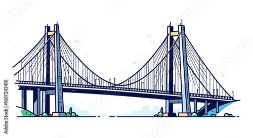 Stylized illustration of a cable-stayed bridge with clean lines and playful colors adding a touch of whimsy urban exploration