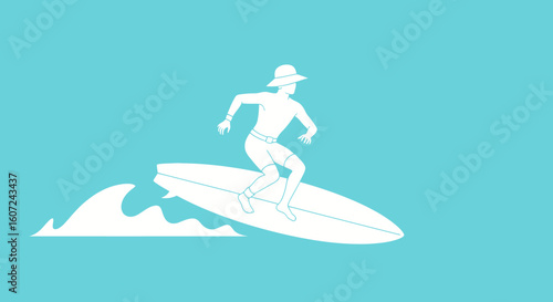 Minimalist surfing scene illustration showing a surfer riding a wave on a turquoise backdrop that exudes the laid-back joy of summer adventures on