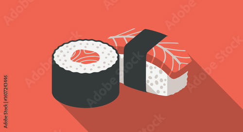 Elegant sushi duo illustration on coral backdrop showcases japanese cuisine simplicity and artistic design providing a delightful visual experience