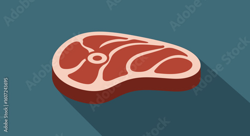 Isolated Flat Design Illustration of a Raw Steak with Long Shadow on Dark Teal Background providing a clean and modern visual representation of a