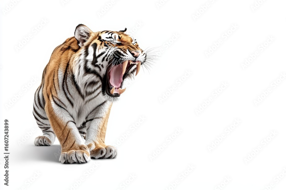 Obraz premium Fearsome Tiger Baring Teeth in Aggressive Stance in Studio White Background