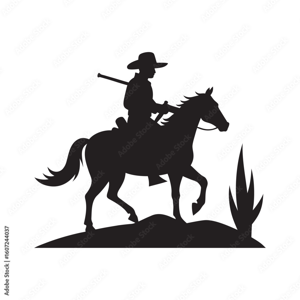 Naklejka premium Cowboy On Horse With Rifle In Desert Silhouette