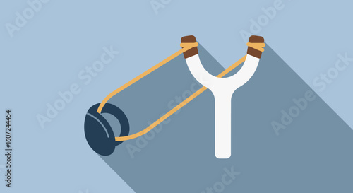 Illustration of a white slingshot with a long shadow on a blue background emphasizing retro games and childhood memories