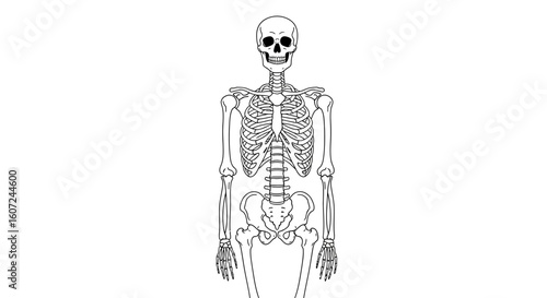 Detailed anatomical illustration of a human skeleton against a white background providing an educational depiction of the skeletal structure