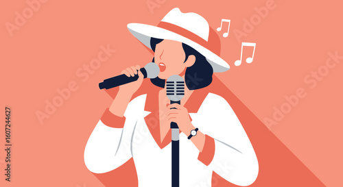 Stylish Jazz Singer Performing on Stage with a Microphone in Retro Fashion Illustration Graphic Design Depiction Showcasing Vocal Performance