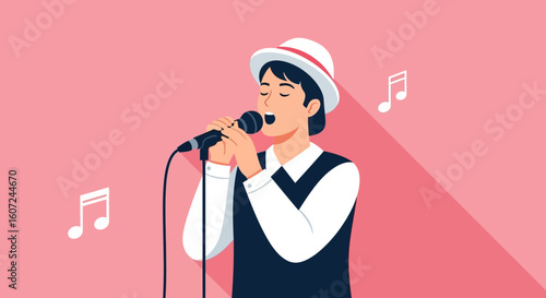 Animated character immersed in singing with microphone and musical notes in studio backdrop