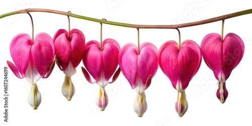 Elegant row of bleeding heart flowers hanging delicately from a stem against white