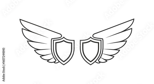 Dual Winged Shields in Outline Style - Symbol of Protection and Freedom combined design element for heraldic design or graphic representations