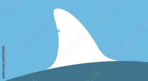 Minimalist depiction of a shark fin breaching the ocean surface against a bright sky backdrop