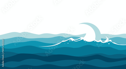 Stylized ocean illustration showcasing a shark fin emerging from deep blue water with gentle waves and a serene white background