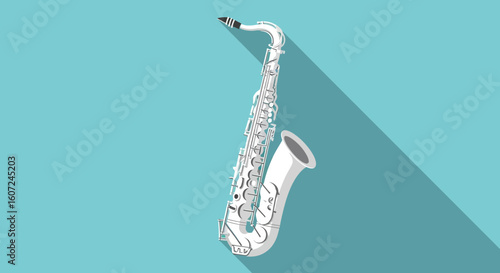 Sleek White Saxophone Illustration with a Long Shadow on a Light Blue Background for Musical and Artistic Representations