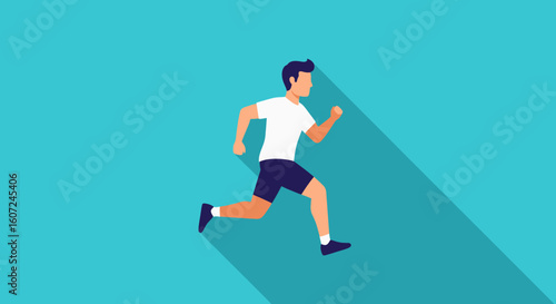 Dynamic minimalist runner in motion against bright cyan backdrop displaying healthy lifestyle and exercising concept with long shadow emphasis