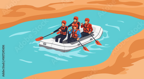 Cartoon illustration of team rafting adventure with life vests on the river at outdoor activity
