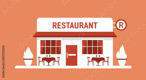 Depiction of a charming restaurant facade with inviting outdoor decor and tables set for an intimate dining experience
