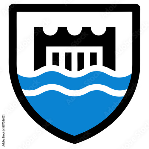 Shield emblem of a dam structure over water