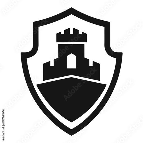 Black shield with castle silhouette icon