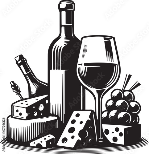 Print Classic wine and cheese pairing with grapes and bottle