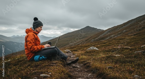 Person working on laptop in mountains