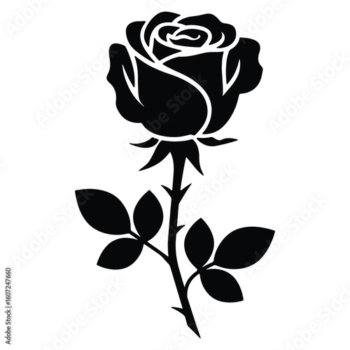 Elegant black rose silhouette illustration on a white background suitable for various design projects