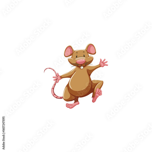 Cute brown cartoon mouse character with pink ears, nose, and tail, standing happily on one foot with a cheerful smile. Fun and playful illustration for children’s books, animal mascots, education mate