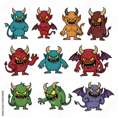 Cartoon demons set playful mischievous characters isolated