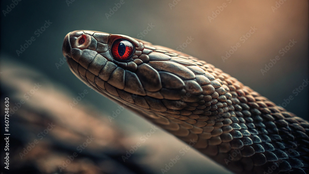 Fototapeta premium A striking view of a snake's head, showcasing its vibrant red eyes and finely textured scales.