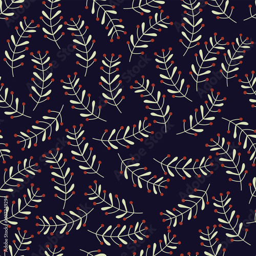 Cartoon illustrated seamless vector pattern with wild plants and berries on dark blue background