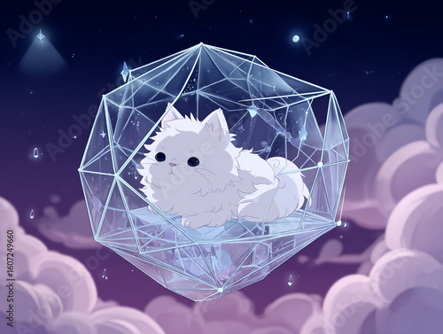A fluffy white cat floating in space inside a crystal spaceship, communicating telepathically with aliens