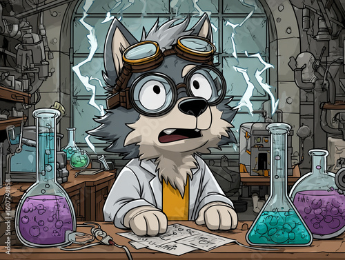 A husky in a lab coat and goggles conducting a chemistry experiment in a mad scientists laboratory, colorful flasks bubbling over, lightning outside the window,