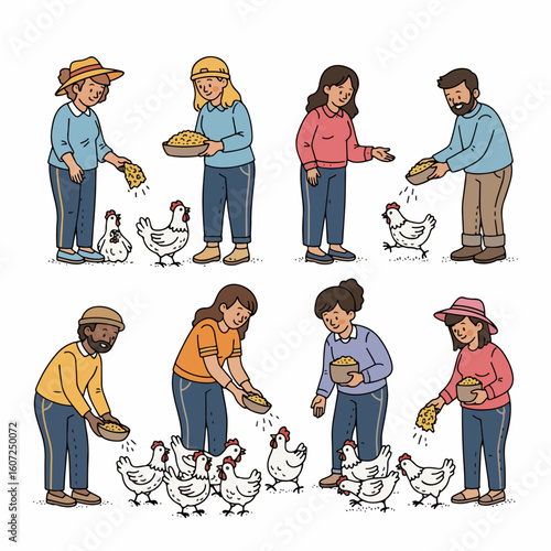 People feeding chickens farmyard scene rural lifestyle