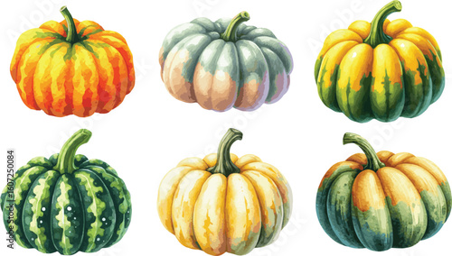 Collection of watercolor illustrated colorful autumn helloween pumpkins in vector format