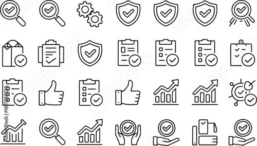 Magnifying glass shield checklist and graph icons checkmark