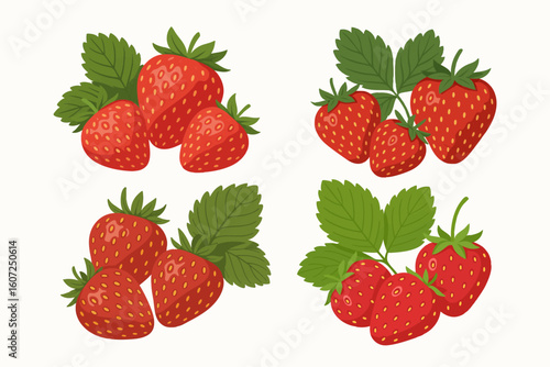 Set of strawberries with green leaves. Sweet berry fruits food from eco farm. Vector flat illustration