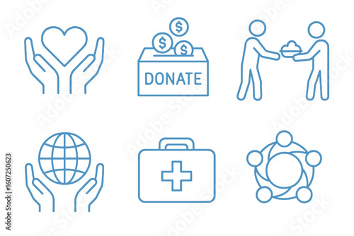 Blue thin line icons about volunteering and humanitarian aid including donation, hands, and first aid. Perfect for NGOs and civic campaigns.