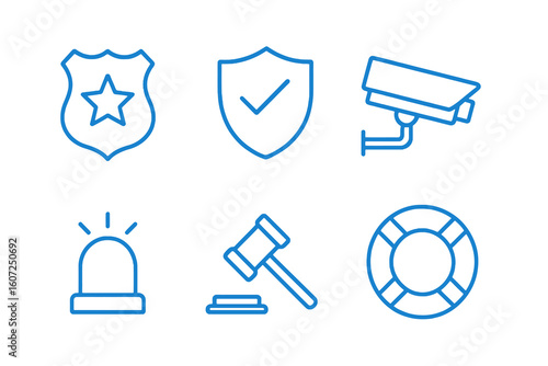 Minimalist blue vector icons about law enforcement and public order such as gavel, lifebuoy, and police badge. Great for NGOs and city projects.
