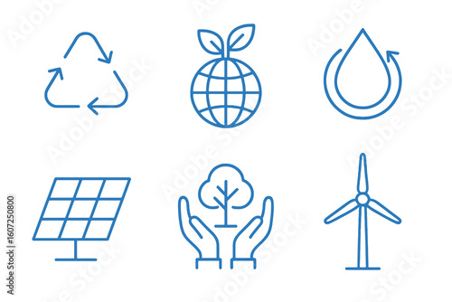 Blue thin line icons for sustainability including recycling, globe, and wind energy. Perfect for eco-friendly apps and civic infographics.