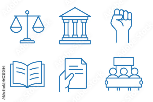 Blue thin line icons of justice and civil rights including scales, protest, and courthouse. Perfect for civic apps and legal infographics.