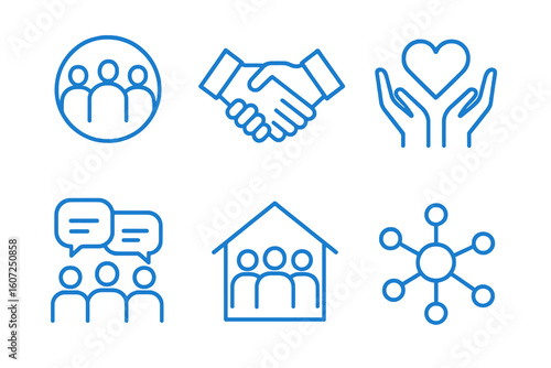 Minimal blue vector icons of community, handshake, and teamwork in thin line style. Perfect for apps, NGOs, and civic infographics.