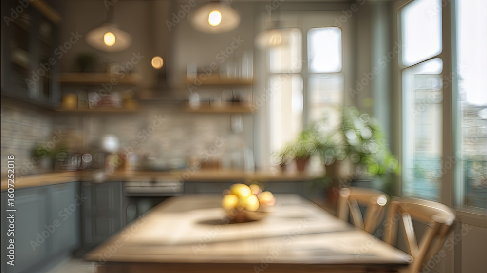 Fototapeta premium Blur background of cozy Scandinavian style kitchen interior. rustic wooden table with natural light creating warm, dreamy, and peaceful atmosphere for home decor concept