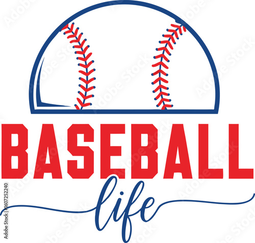 Baseball life typography design with a baseball symbol and handwritten script word life